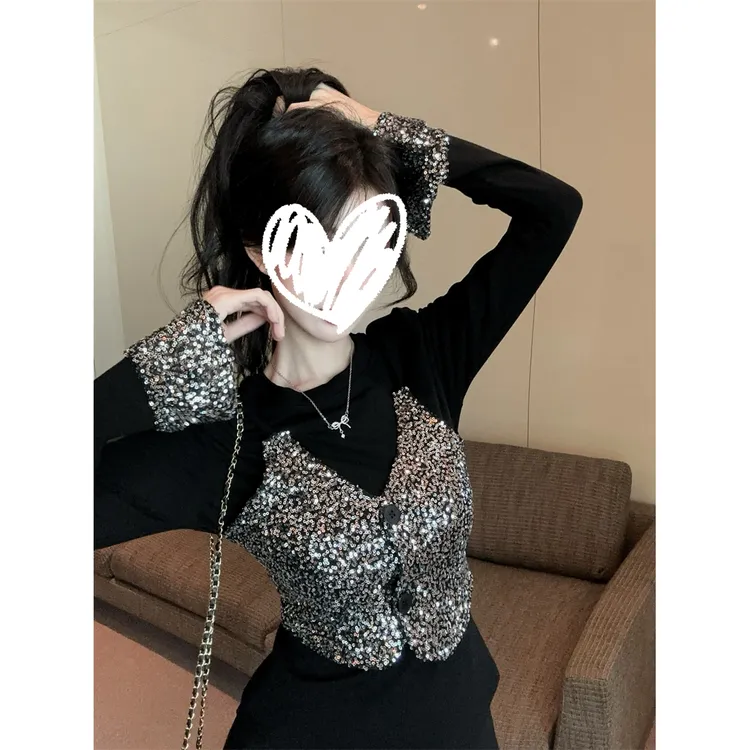 辣妹风亮片假两件长袖T恤女2025秋冬新款设计感气质显瘦磨毛上衣