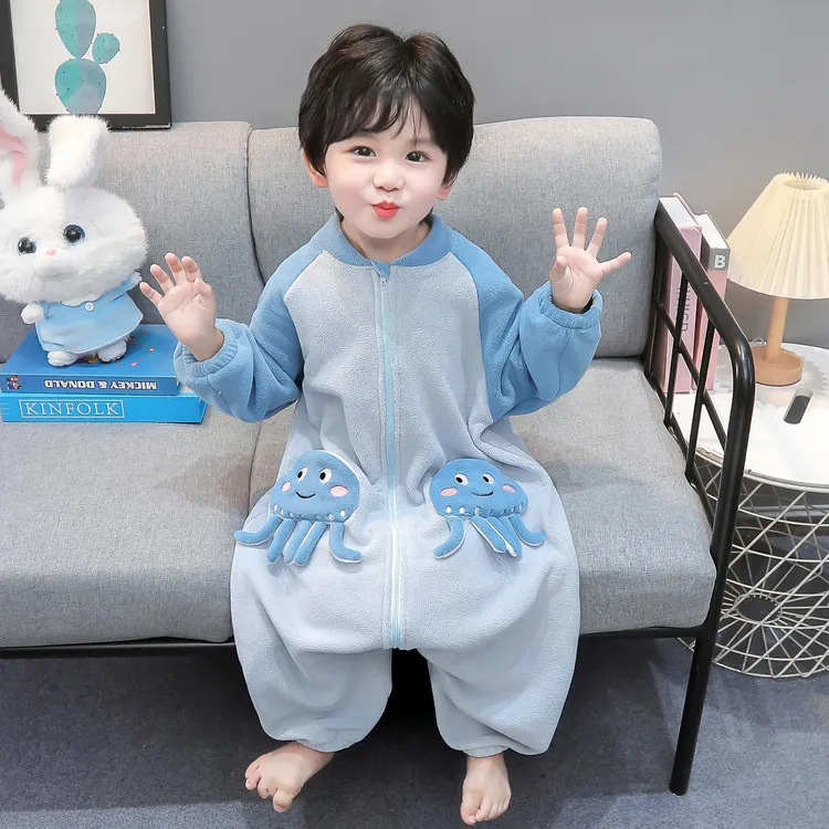 男童连体睡衣秋冬季儿童加厚奥粒绒婴儿宝宝防踢被睡袋卡通爬爬服