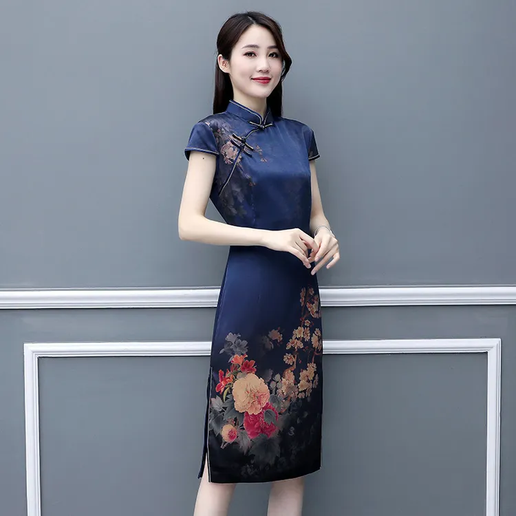 丝绸高端弹力缎重磅真丝单层旗袍中长款婚礼服连衣裙轻奢宴会服