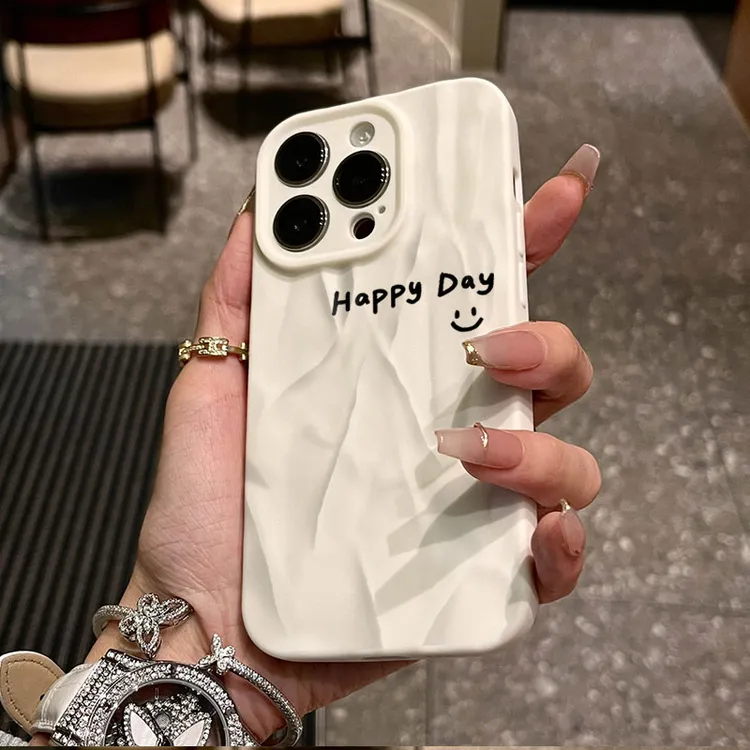 happyday笑脸适用iphone16苹果15pro手机壳14plus褶皱13磨砂12/11