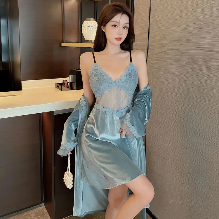 【夜太美】秋冬金丝绒新款丝滑性感镂空时尚纯欲风蕾丝吊带睡衣睡裙