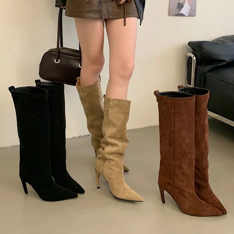 欧美风时尚尖头高筒靴简约纯色直筒长靴2025新款百搭高跟靴子女
