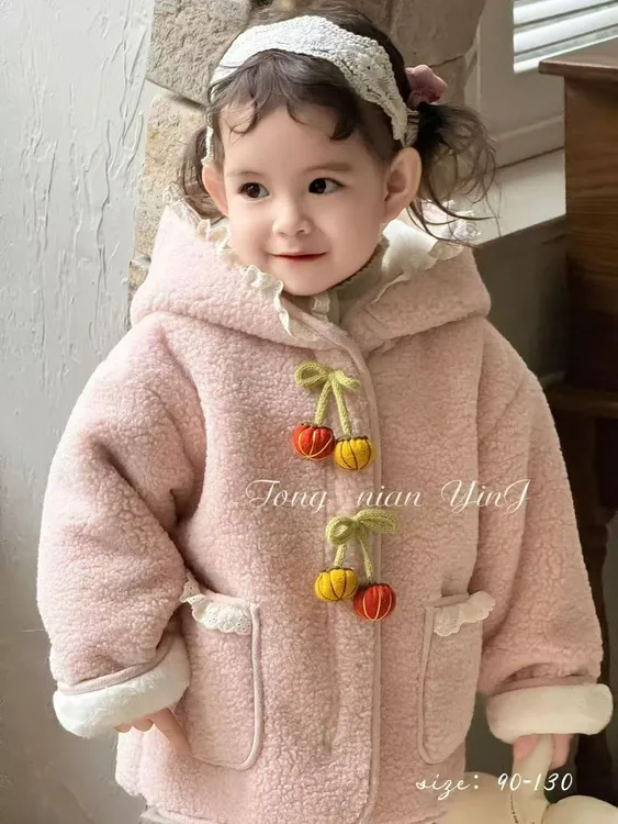 女童秋冬季连帽加绒加厚新款南瓜装饰 毛呢 仿羊羔毛外套可爱童装