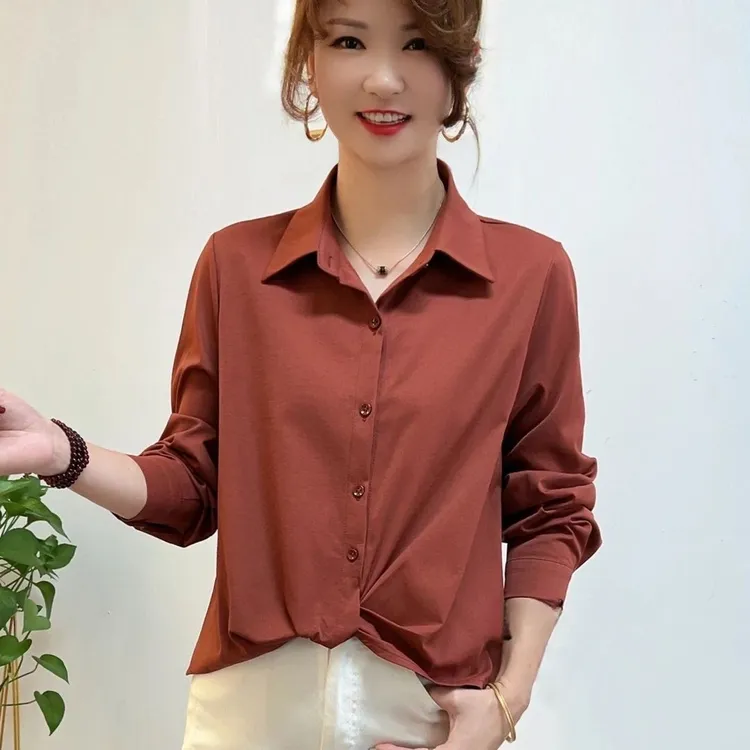 中年大码女装T恤春季新品长袖衬衫女气质含色外穿显瘦妈妈装上衣