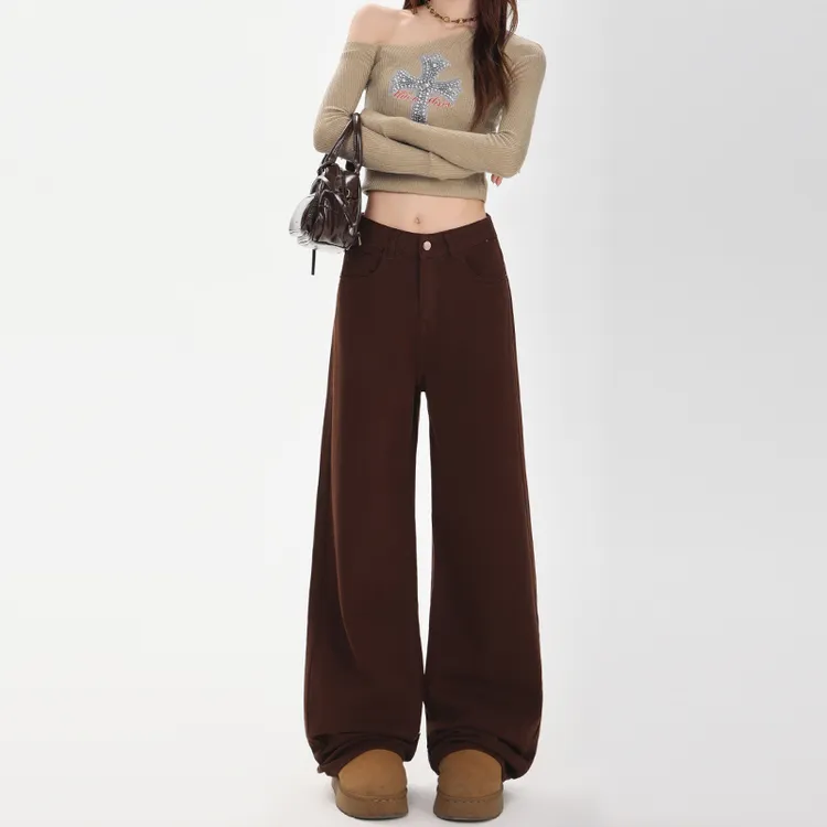 复古咖色阔腿牛仔裤女早秋2025新款梨形显瘦高腰遮肉直筒拖地裤子