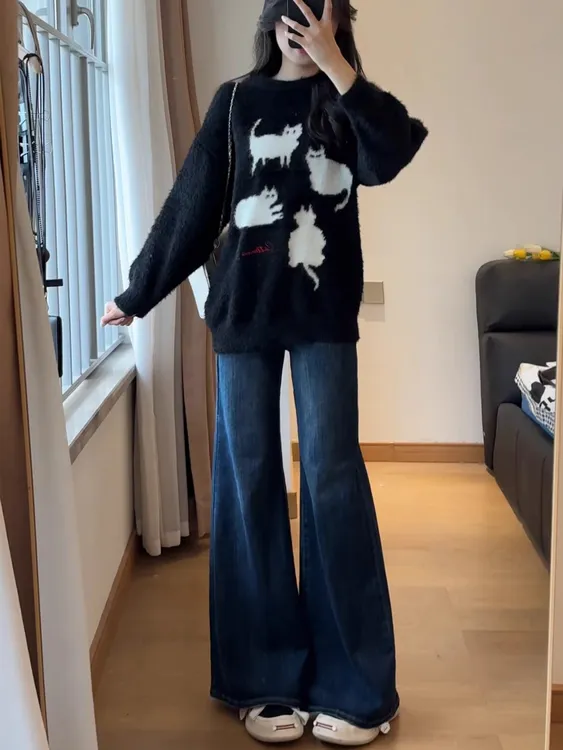 美式复古高腰微喇牛仔裤女秋2025新款时尚百搭宽松显瘦拖地阔腿裤