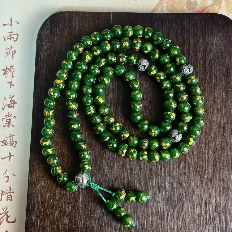 老琉璃复古绿色凤眼银饰108子5120503