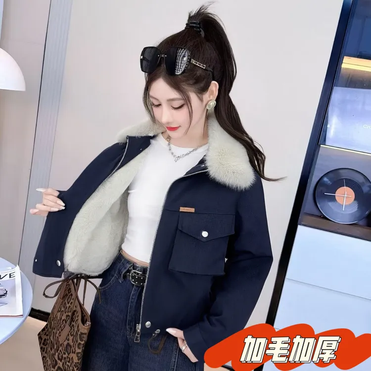 400#衣长56冬季牛仔外套带毛领加毛减龄气质时尚加厚保暖休闲外套