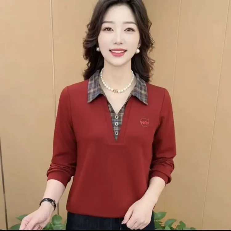 秋季新时尚翻领假两件气质妈妈装休闲减龄显瘦长袖上衣洋气