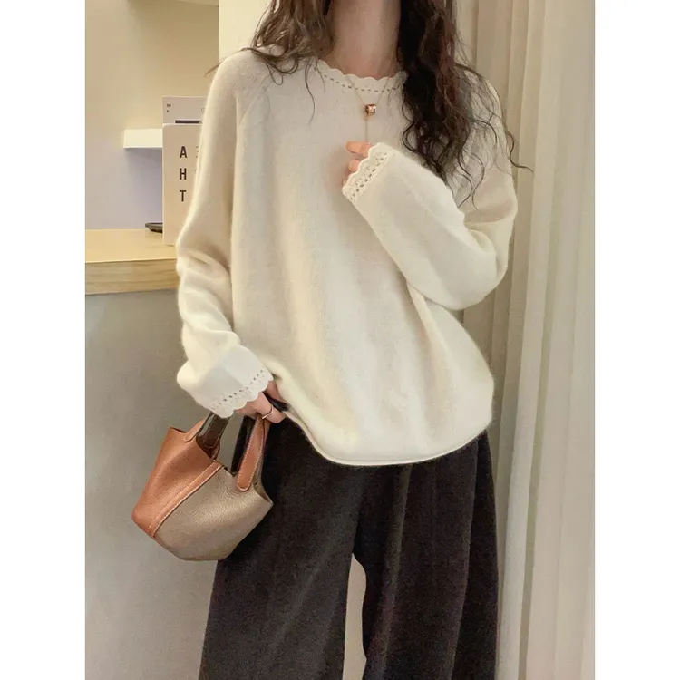 2025秋冬新款蕾丝花边圆领针织毛衣女大码胖MM高级感显瘦内搭上衣