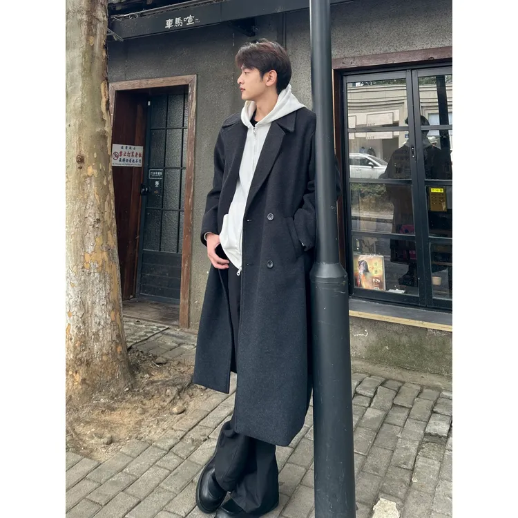 【致简·XCG】冬季中长款双排扣宽松呢子毛呢大衣加厚韩版情侣不起球