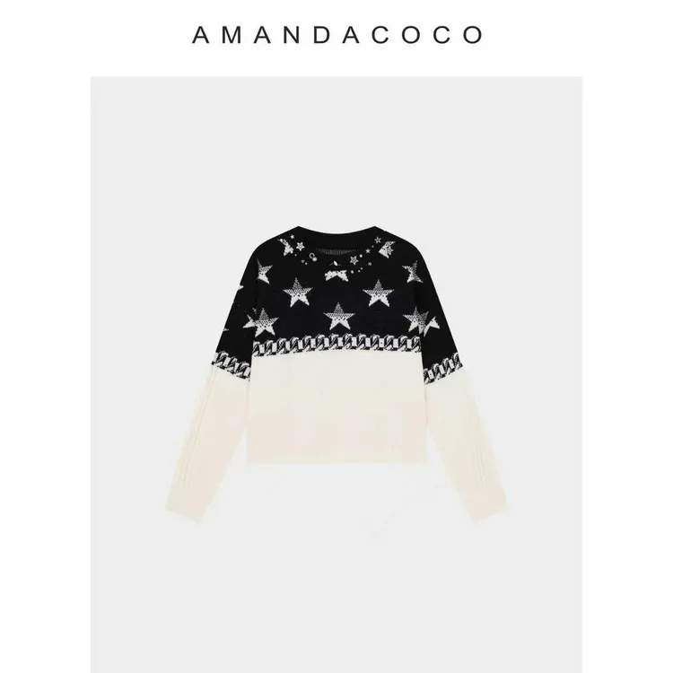 【茜茜专属】北欧夜曲～25秋冬设计感钉钻拼色星星提花百搭针织上衣