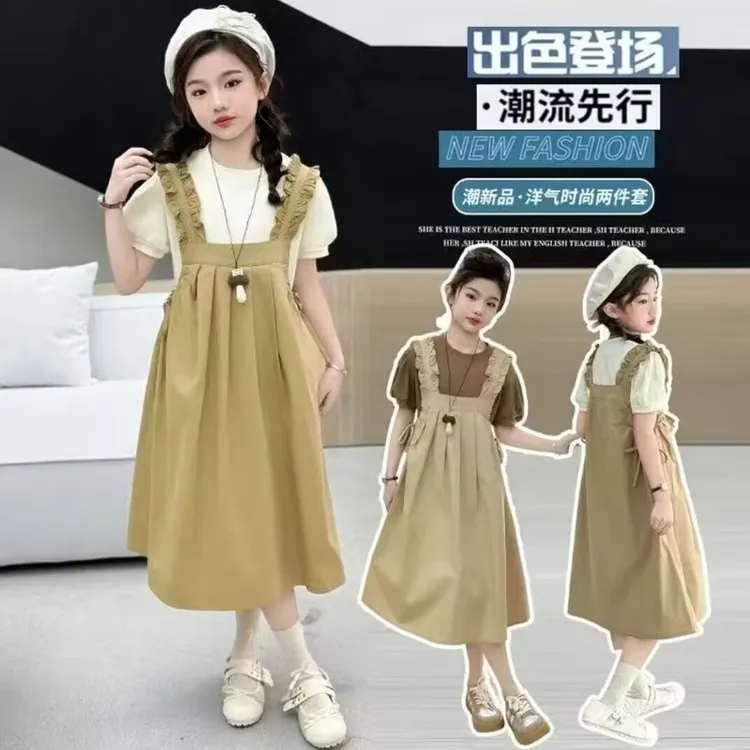 【现货清套装】夏季2025新款女孩洋气儿童夏装背带两件套