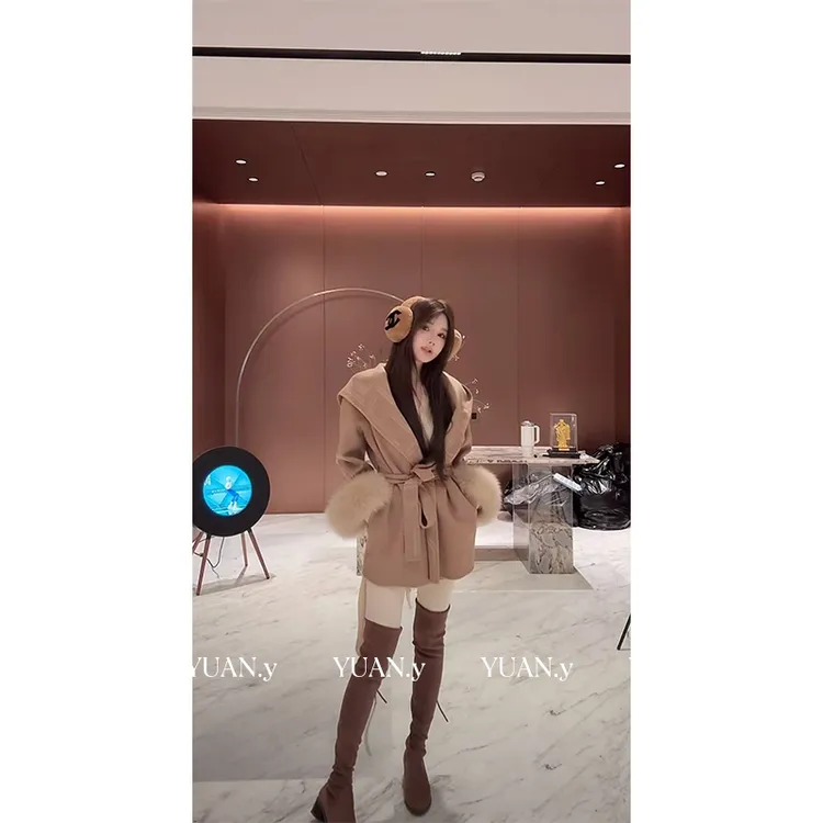 媛媛【米兰时装秀】狐狸毛袖口双面羊毛大衣女秋冬季毛呢外套#W0972