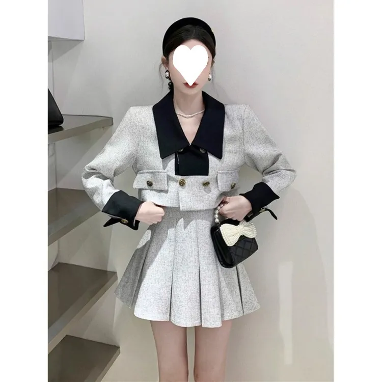 德小洋装短裙两件套美拉法式百褶高级感秋季女名媛小香风西装套装