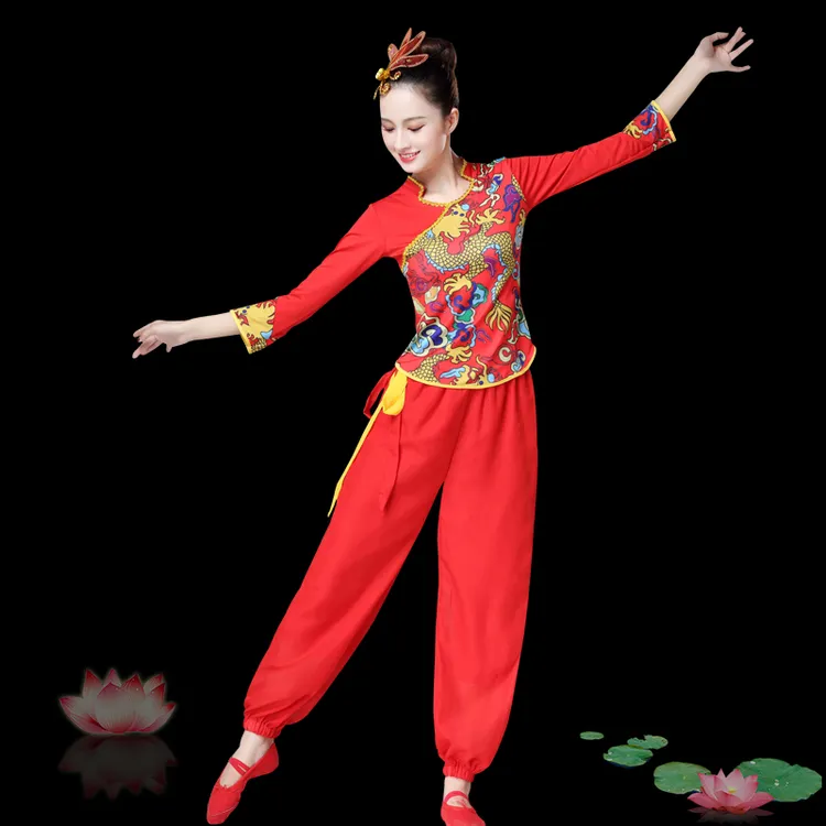 新款秧歌舞蹈服装红色喜庆开场舞腰鼓服套装中老年广场舞打鼓服女