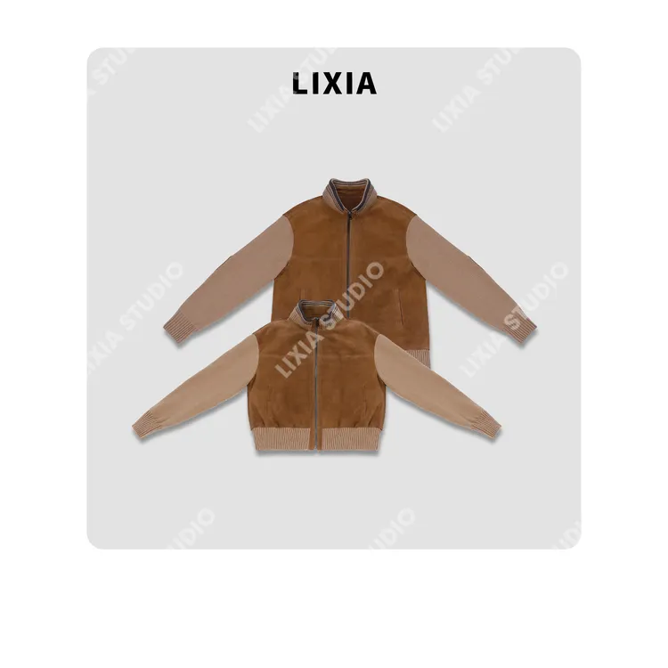 LIXIA【浓情拍档】休闲时髦重工情侣款羊绒真皮拼接立领皮衣-D9567