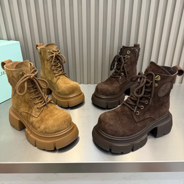 新款厚底松糕磨砂皮圆头系带款马丁靴底厚6公分洋气百搭舒适