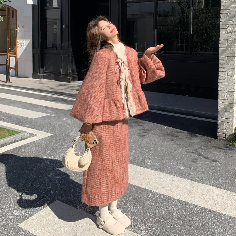 千金风毛毛拼接套装裙女2025年冬季新款羽绒内胆上衣半身裙两件套