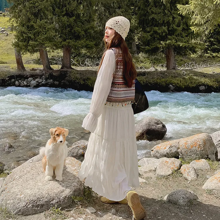 韩系氛围感穿搭名族风马甲长袖连衣裙套装2025初秋新款甜美两件套