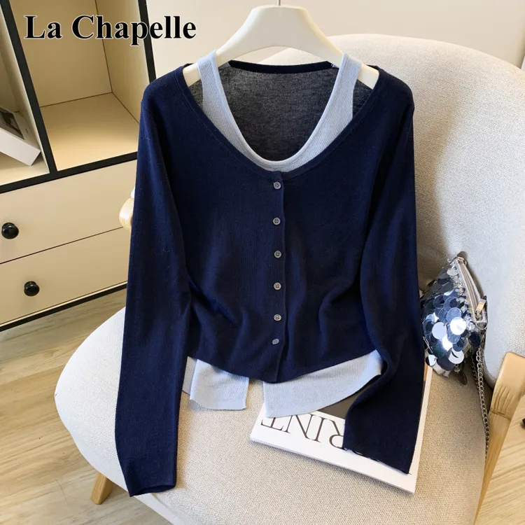 拉夏贝尔韩系撞色假两件吊带针织衫女装秋季新款气质时尚显瘦上衣