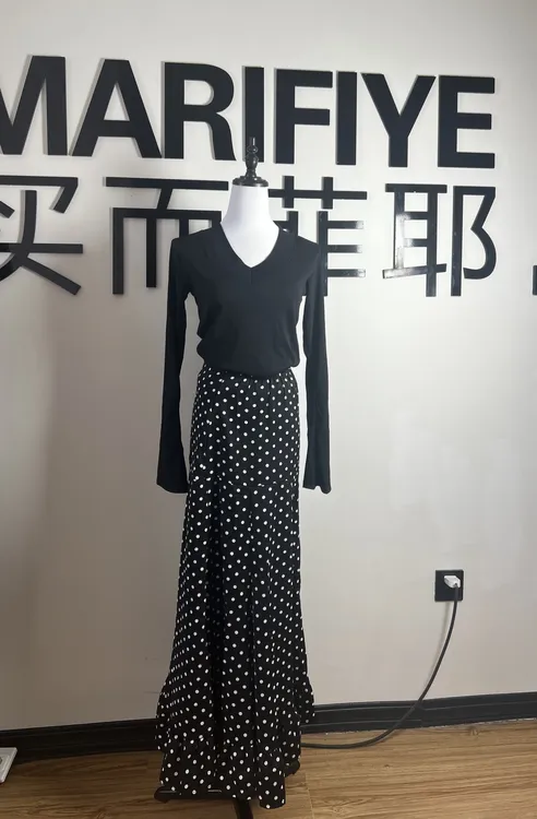 不起球波点褶皱法式高腰半身裙套装上衣两件套