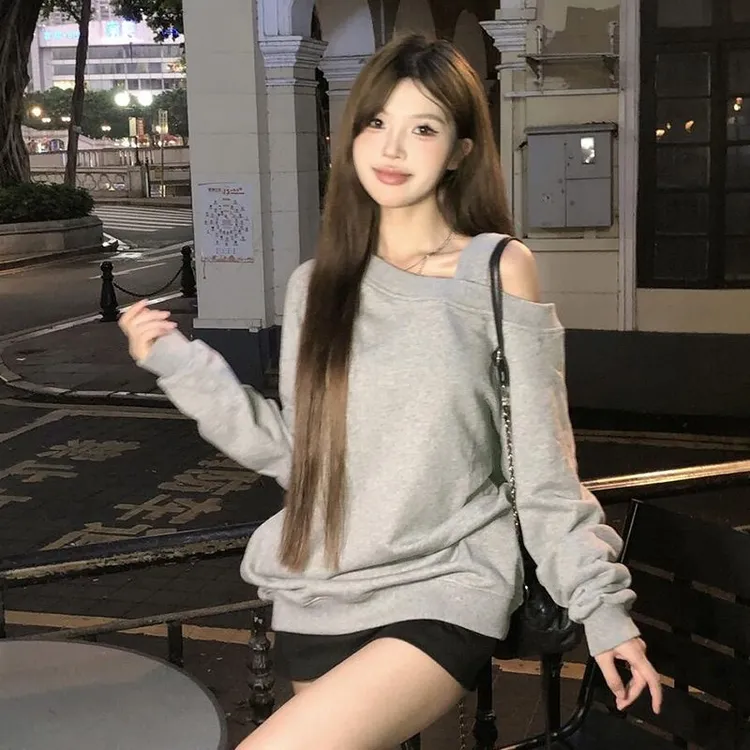 休闲加厚外套新款百搭长袖圆领秋季通勤宽松上衣灰色黑色均码其他