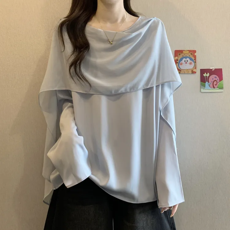 大码女装韩版设计感飘带缎面气质衬衫胖妹妹遮肚洋气长袖上衣