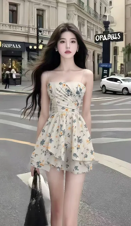轻奢气质显瘦减龄休闲风碎花一字肩吊带收腰小众设计氛围感连衣裙
