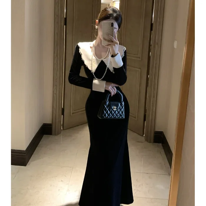 法式御姐风波浪领刺绣蕾丝拼接丝绒连衣裙女秋冬收腰显瘦鱼尾长裙