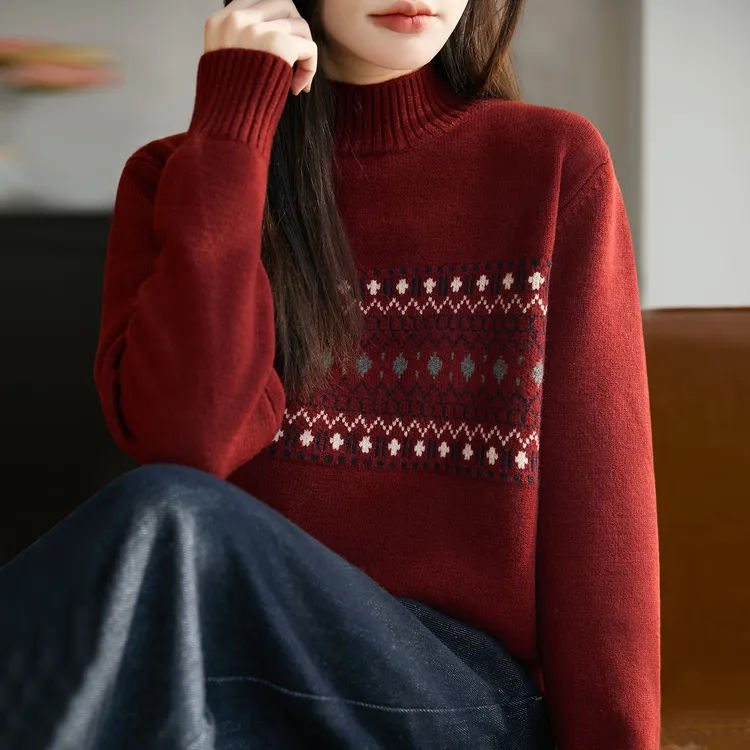 胖mm秋冬大码半高领费尔岛女士红色本命年女士毛衣内搭针织打底衫