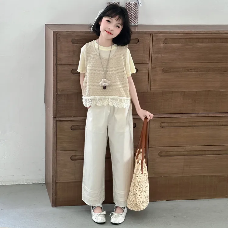 女童套装2025新款夏款洋气时髦休闲百搭中大童针织马甲打底三件套
