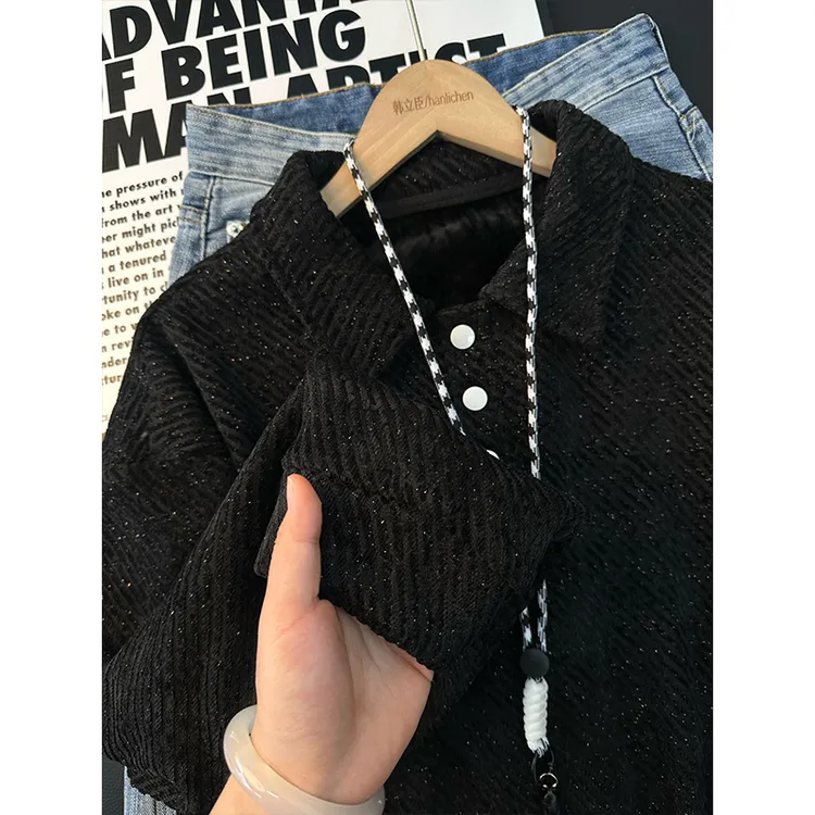 美式斑马纹加绒卫衣男款秋冬季Polo衫长袖t恤内搭打底满天星外套