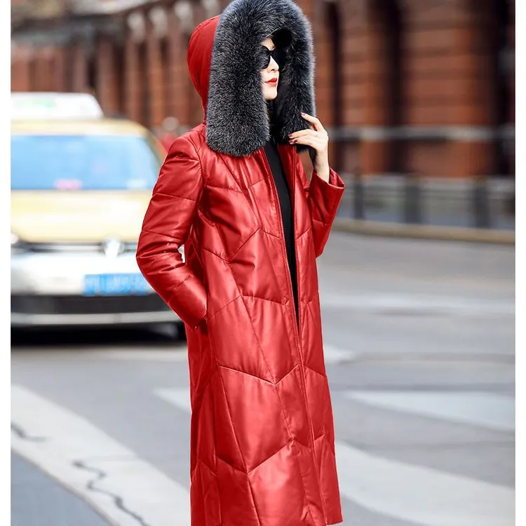 海宁皮羽绒服皮衣女新款秋冬加厚保暖大毛领连帽中长款外套韩版