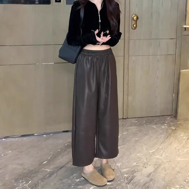秋季新款大码女装宽松抽绳阔腿休闲裤梨形身材显瘦高腰八分裤皮裤