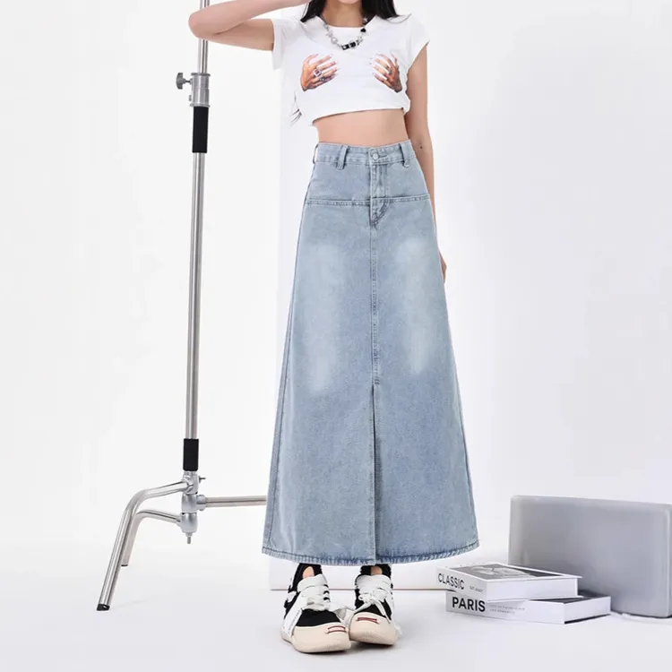 设计感小众开叉牛仔半身裙女秋季新款韩版高腰显瘦中长款a字裙子