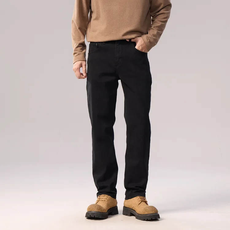010复古硬汉牛仔裤拉链黑色水洗长裤合身直筒纯色男士