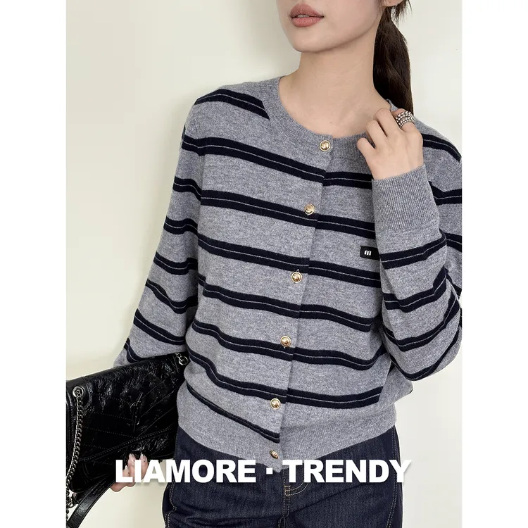 千金风字母徽标条纹针织开衫女2025秋新款圆领气质百搭外套上衣