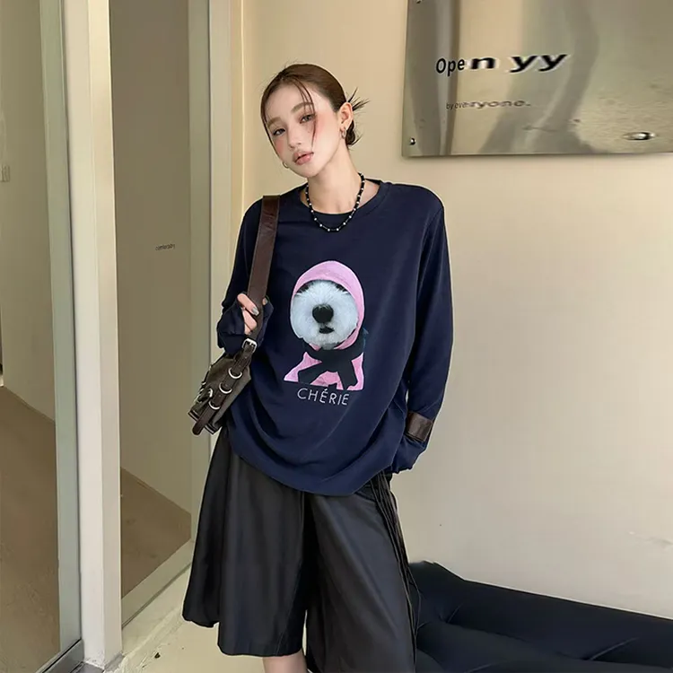 新款圆领狗宽松型秋季印花春秋长袖T恤休闲设计感百搭上衣中长款