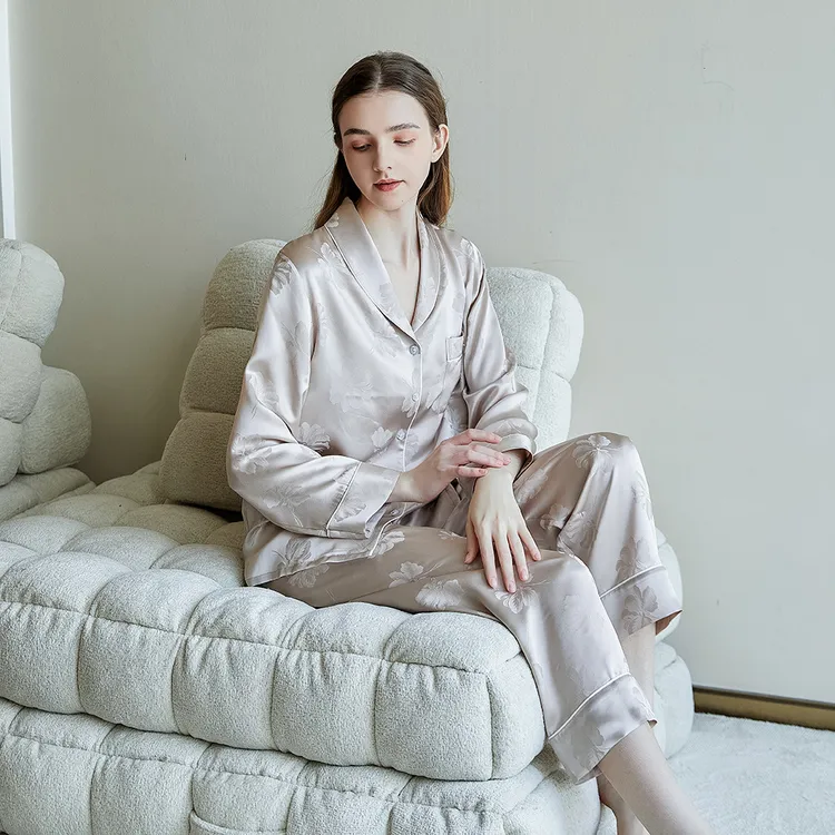 女士新款真丝睡衣套装长袖裤青果提花中国风高级感100%桑蚕丝家居
