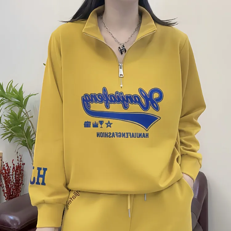 《韩家》#9501新款春秋百搭拼接宽松时尚休闲袖子印花半拉链卫衣