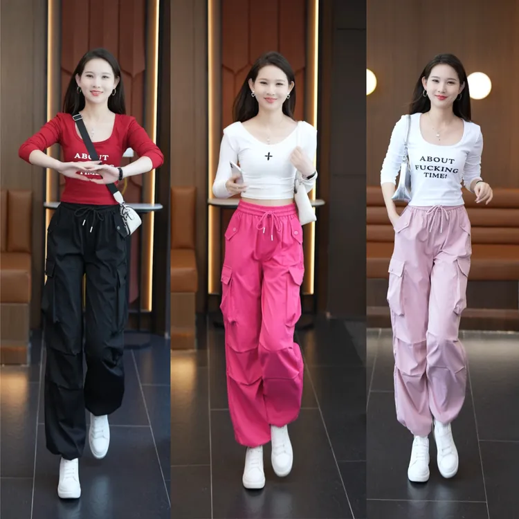 秋冬2025新款抽绳工装裤女高腰宽松小个子多口袋休闲裤直筒阔腿裤