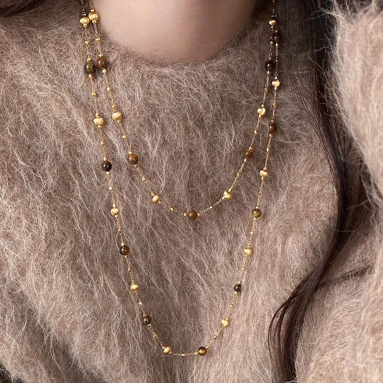 铜合金项链 美拉德双层叠戴虎眼石项链女轻奢小众秋冬长款毛衣链