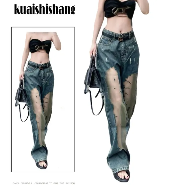 设计感拼接纱网薄款直筒牛仔裤女美式复古辣妹个性炸街休闲长裤潮