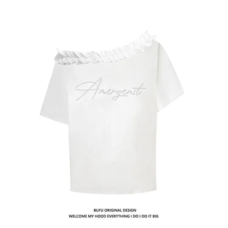 【ZHAP】烫钻字母花边领口斜肩露肩宽松短袖t恤女辣妹风韩版烫钻