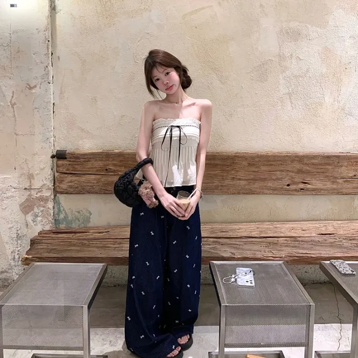 纯欲风套装蕾丝花边抹胸背心上衣女装夏季蝴蝶结阔腿牛仔裤两件套