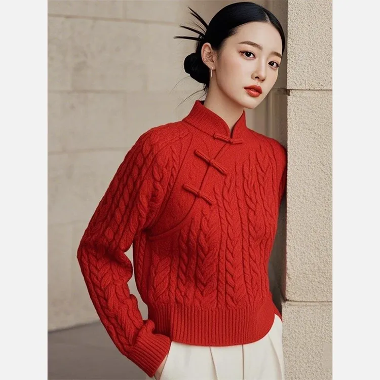 新中式国风女装盘扣上衣2024秋冬新款高级感复古新年红色针织毛衣