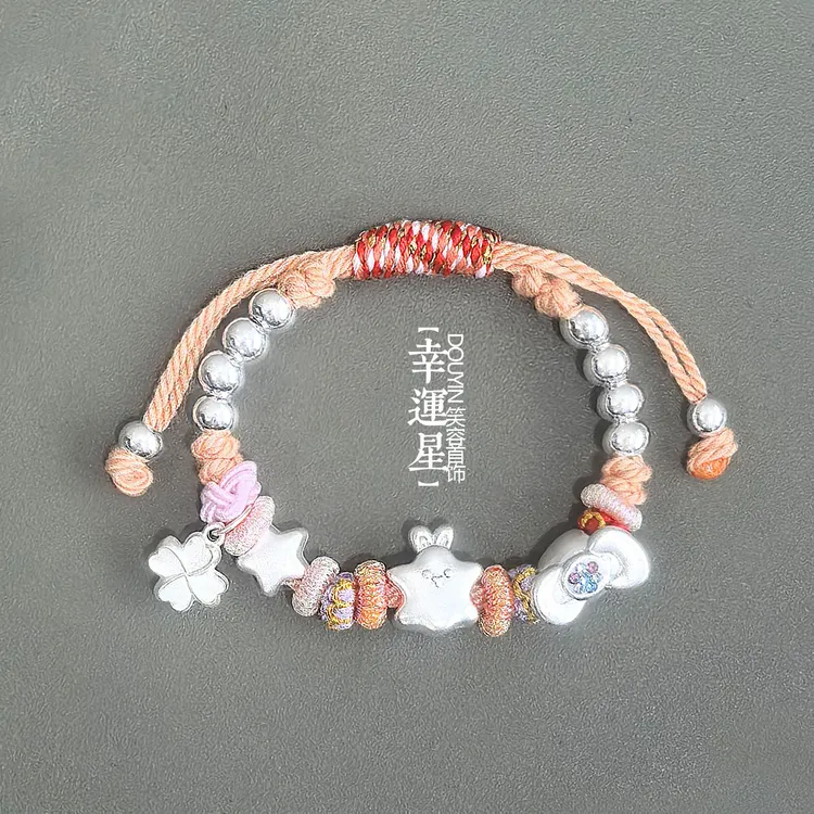 足银手链 宝宝款999足银幸运星手链女儿童可爱蝴蝶结纯银橘红手绳