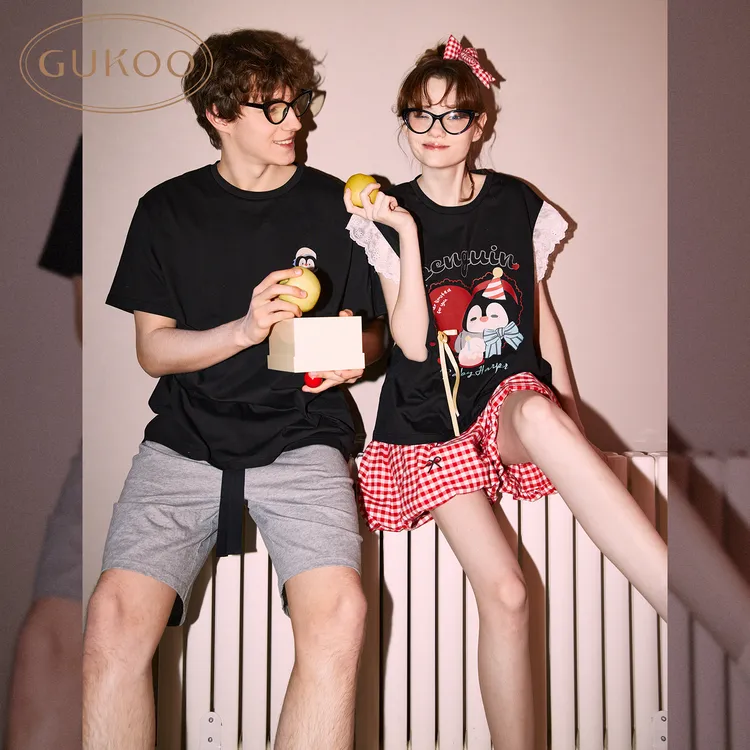 【Gukoo果壳】情侣睡衣女夏季新款全棉小飞袖家居服企鹅套装短袖