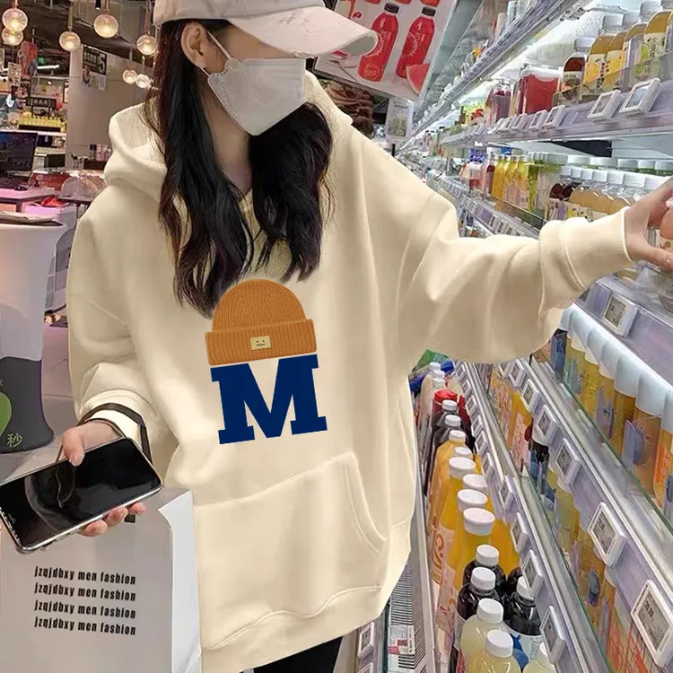 奶杏色连帽卫衣女秋冬加绒设计感套头帽衫韩版宽松中长款外套上衣